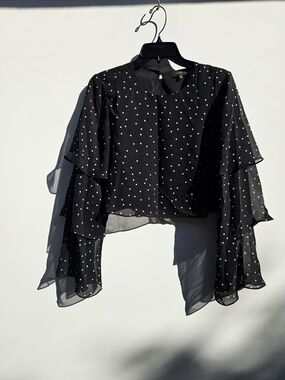 MAJORELLE Black Polka Dot Ruffle Sleeve Blouse Sz Small
